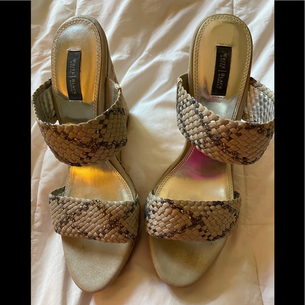 White House Black Market Woven silver wedges 9.5